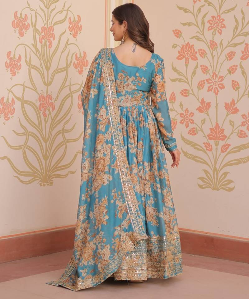 Blue festive wear designer russian silk digital print with embroidered sequence work readymade suit