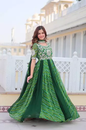 Multi festive wear designer pure georgette bandhej  readymade suit