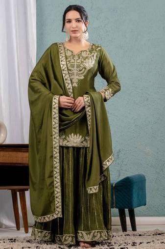 Mehendi green festive wear designer pure heavy chinnon silk heavy embroidery coding sequence work readymade suit