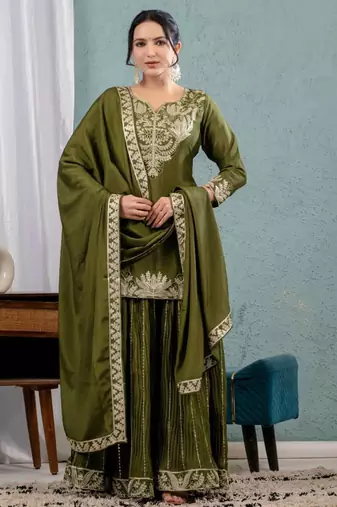 Mehendi green festive wear designer pure heavy chinnon silk heavy embroidery coding sequence work readymade suit