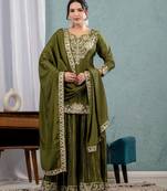 Mehendi green festive wear designer pure heavy chinnon silk heavy embroidery coding sequence work readymade suit