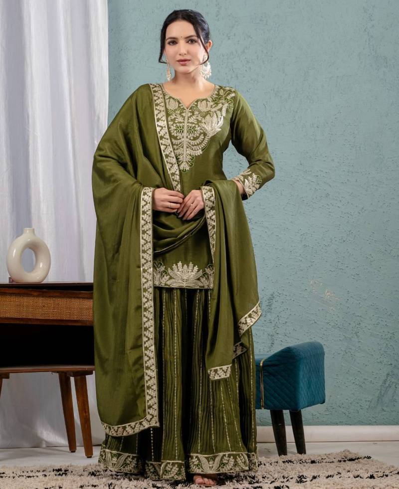 Mehendi green festive wear designer pure heavy chinnon silk heavy embroidery coding sequence work readymade suit