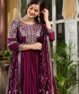 Wine festive wear designer pure vichitra silk heavy 7mm sequence embroidery work readymade suit 3