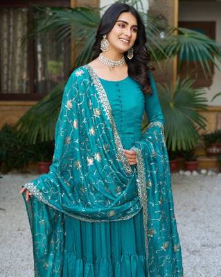 Blue festive wear designer pure vichitra silk sequins-multi & zari embroidered work readymade suit 4