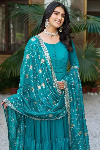 Blue festive wear designer pure vichitra silk sequins-multi & zari embroidered work readymade suit