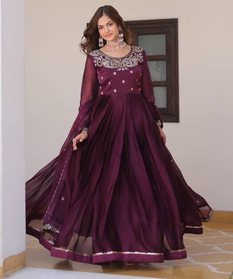 Wine festive wear designer pure burberry silk  heavy sequence embroidery work readymade suit