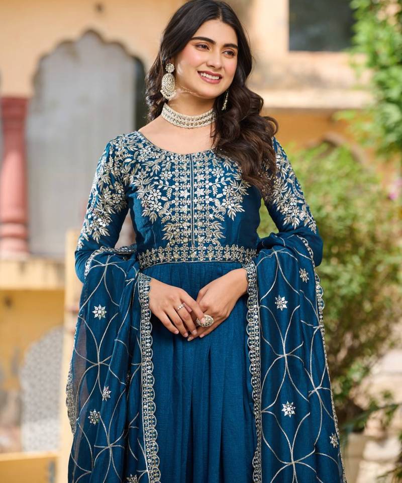 Teal festive wear designer pure vichitra silk heavy 7mm sequence embroidery work readymade suit