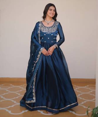Teal festive wear designer pure burberry silk  heavy sequence embroidery work readymade suit 2