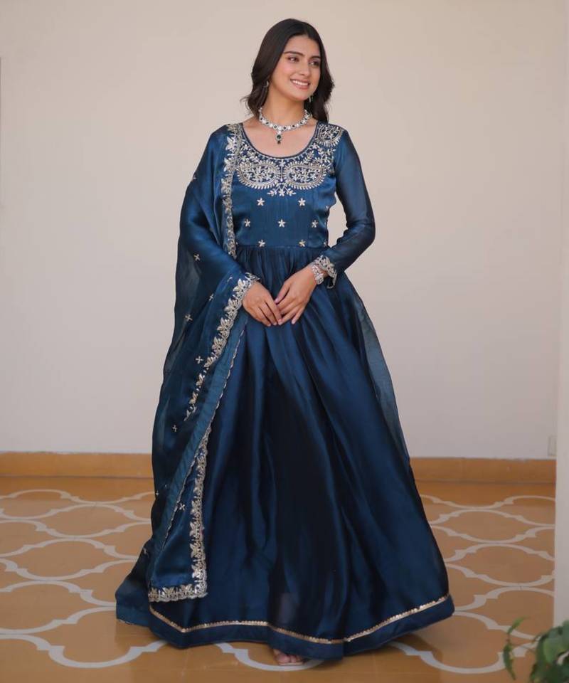 Teal festive wear designer pure burberry silk  heavy sequence embroidery work readymade suit