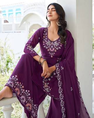 Wine festive wear designer star georgette sequence embroidery work readymade suit 3