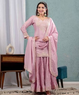 Baby pink festive wear designer pure heavy chinnon silk heavy embroidery coding sequence work readymade suit 2