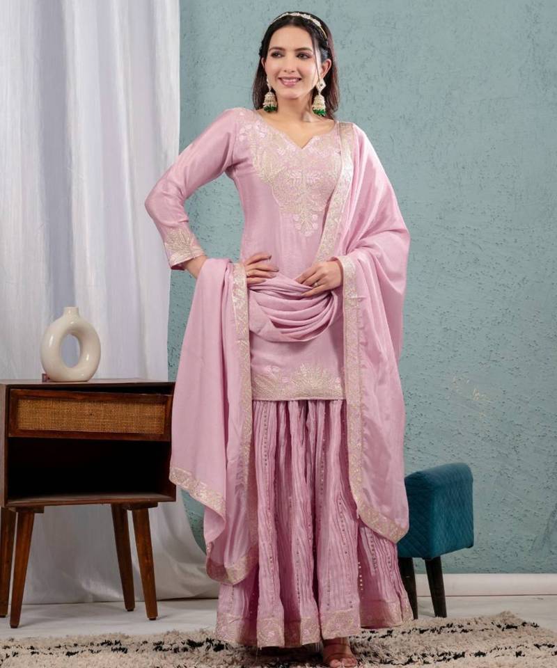 Baby pink festive wear designer pure heavy chinnon silk heavy embroidery coding sequence work readymade suit