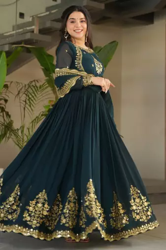 Peacock green festive wear designer faux blooming georgette zari thread & sequins embroidery work readymade suit