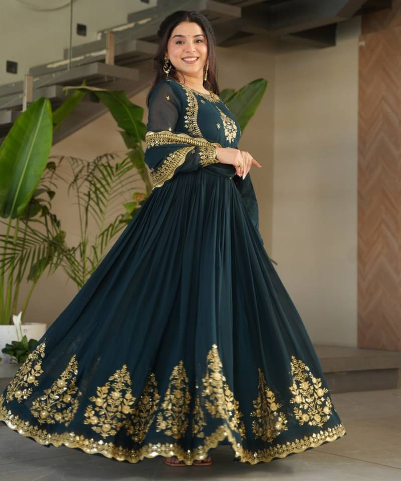 Peacock green festive wear designer faux blooming georgette zari thread & sequins embroidery work readymade suit