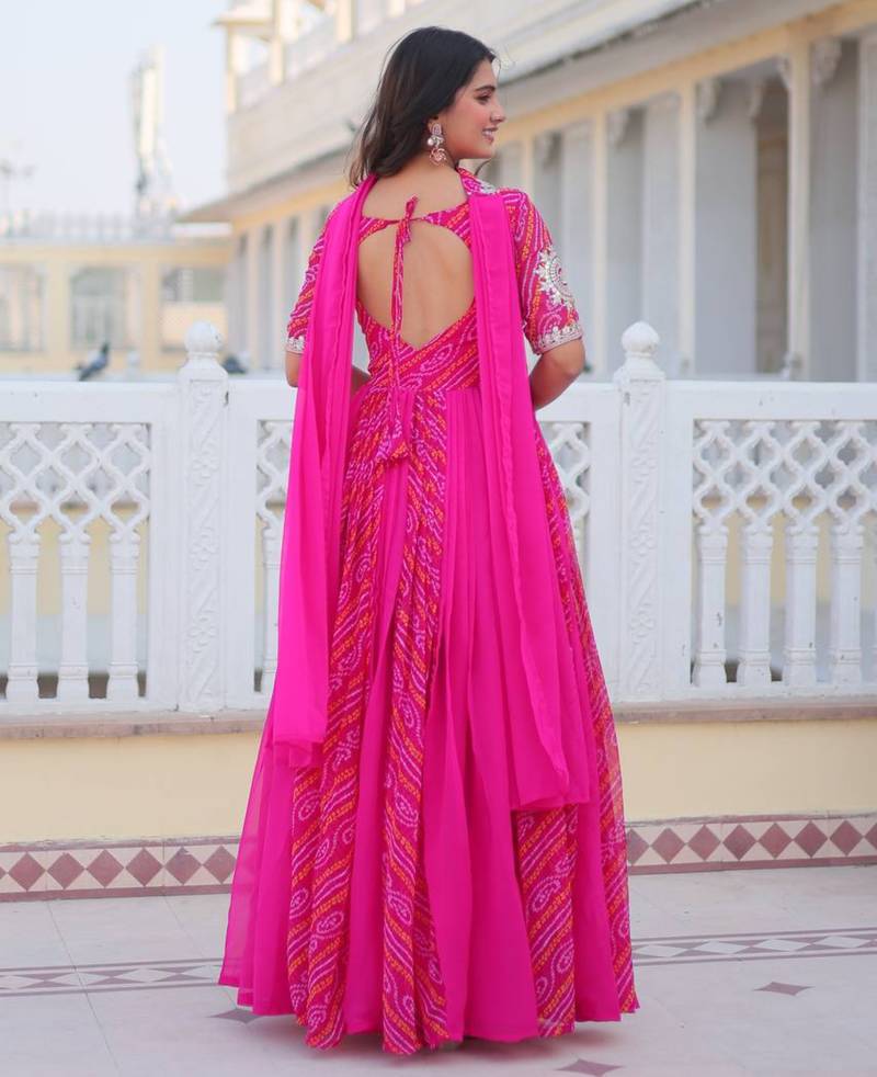 Rani Pink festive wear designer pure georgette bandhej  readymade suit