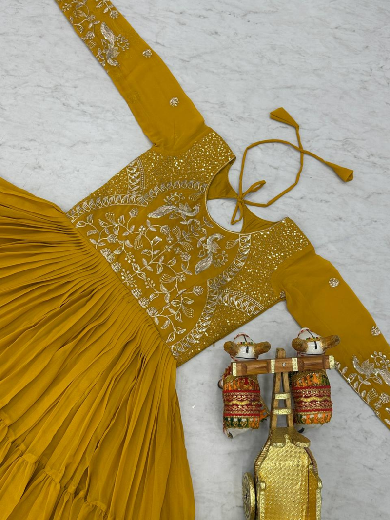 Yellow festive wear designer faux georgette heavy 3mm sequence work readymade suit