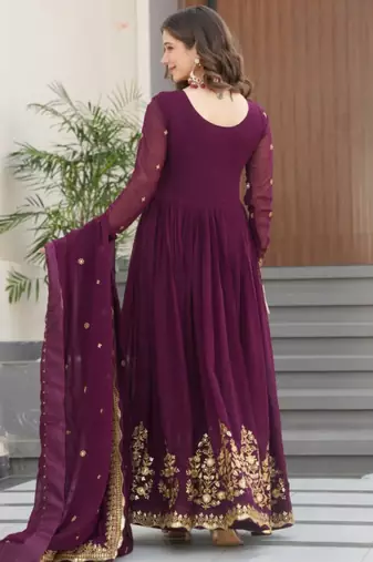 Wine festive wear designer faux blooming georgette zari thread & sequins embroidery work readymade suit