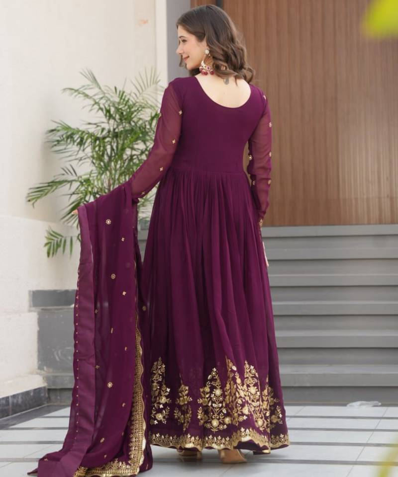 Wine festive wear designer faux blooming georgette zari thread & sequins embroidery work readymade suit