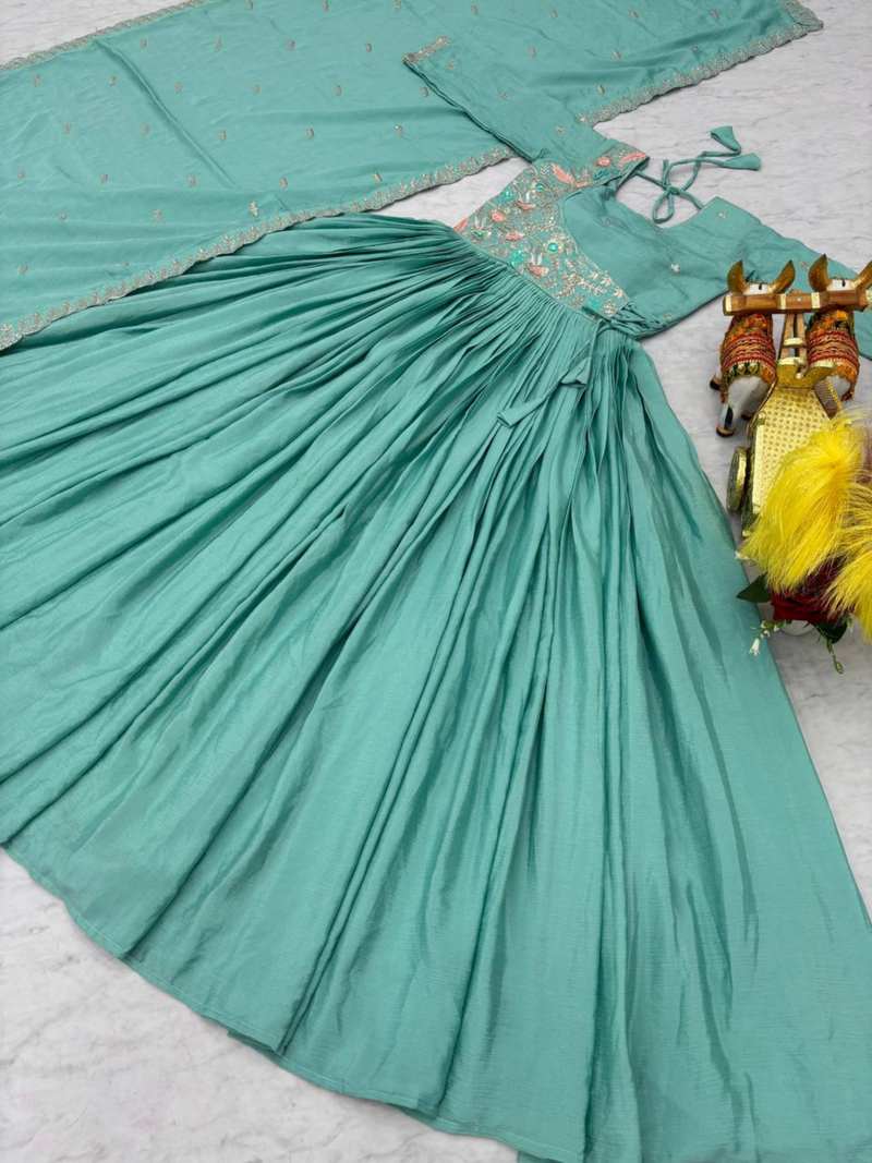 Sky blue festive wear designer pure chinon heavy sequence embroidery work readymade suit