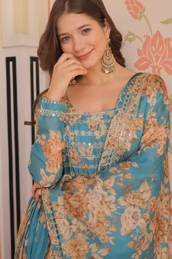 Blue festive wear designer russian silk digital print with embroidered sequence work readymade suit