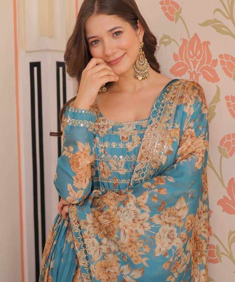 Blue festive wear designer russian silk digital print with embroidered sequence work readymade suit