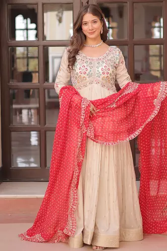 Cream festive wear designer cosmos weaving jequard pearl beads embroidered work readymade suit