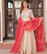 Cream festive wear designer cosmos weaving jequard pearl beads embroidered work readymade suit