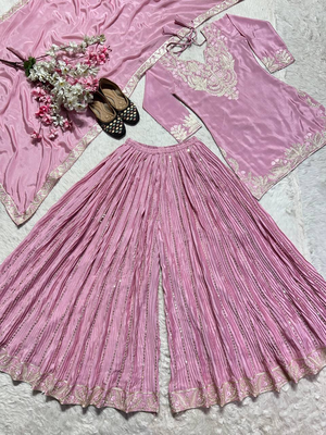 Baby pink festive wear designer pure heavy chinnon silk heavy embroidery coding sequence work readymade suit 4