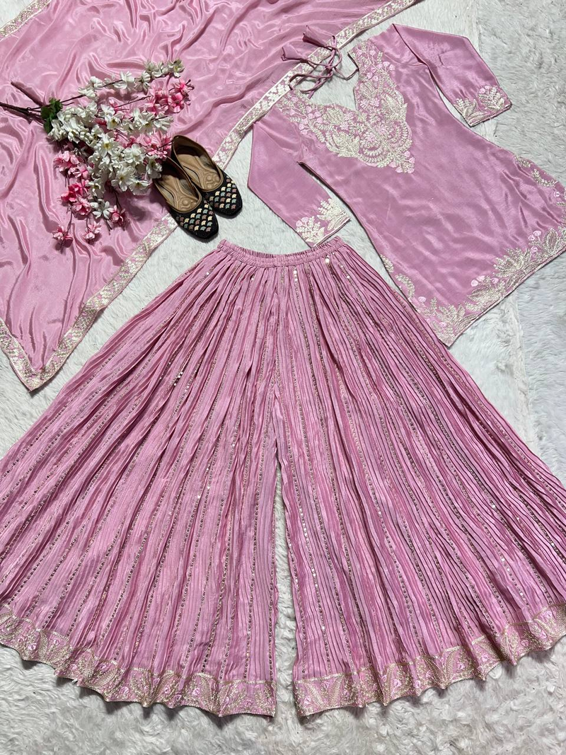 Baby pink festive wear designer pure heavy chinnon silk heavy embroidery coding sequence work readymade suit