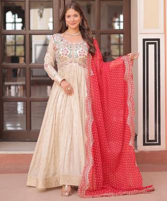 Cream festive wear designer cosmos weaving jequard pearl beads embroidered work readymade suit 2