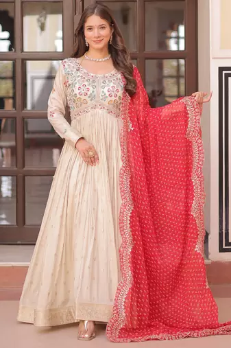 Cream festive wear designer cosmos weaving jequard pearl beads embroidered work readymade suit