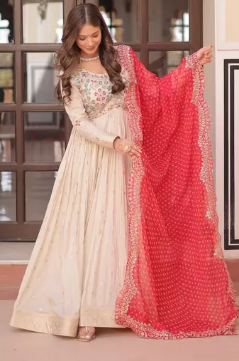 Cream festive wear designer cosmos weaving jequard pearl beads embroidered work readymade suit