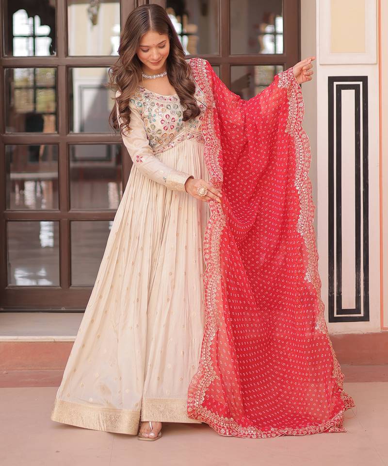 Cream festive wear designer cosmos weaving jequard pearl beads embroidered work readymade suit