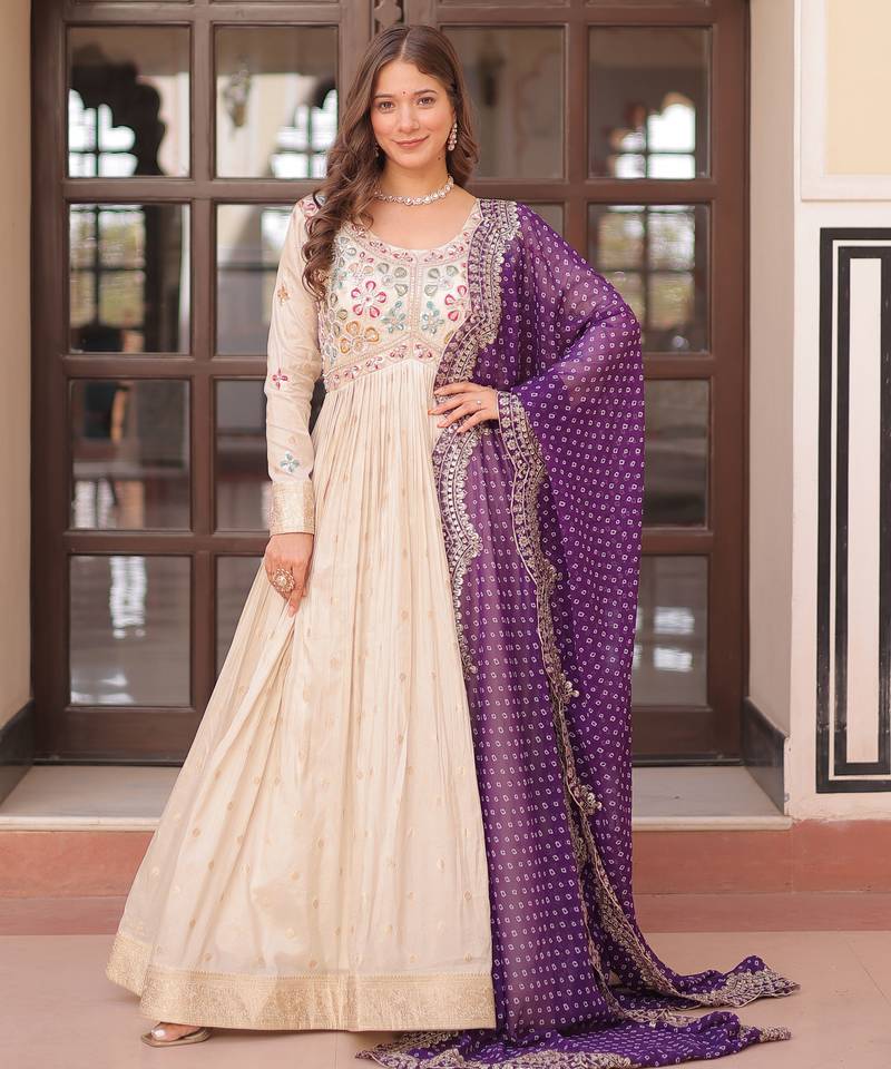 Cream festive wear designer cosmos weaving jequard pearl beads embroidered work readymade suit