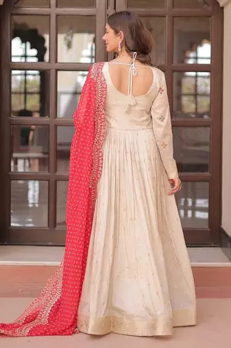 Cream festive wear designer cosmos weaving jequard pearl beads embroidered work readymade suit