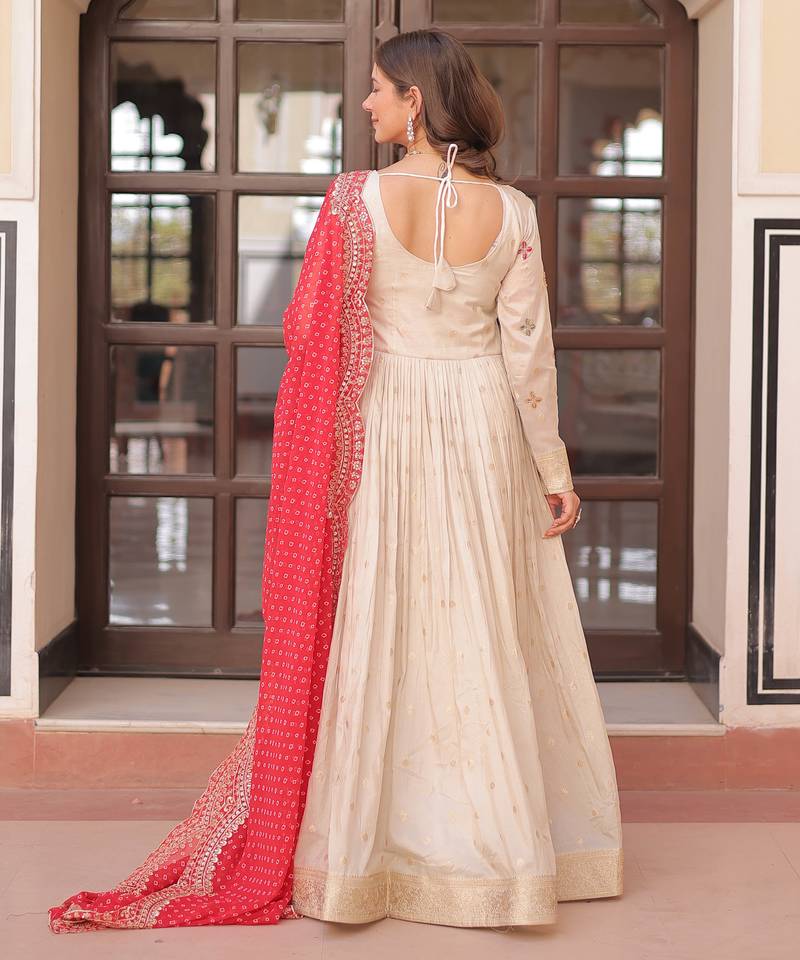 Cream festive wear designer cosmos weaving jequard pearl beads embroidered work readymade suit