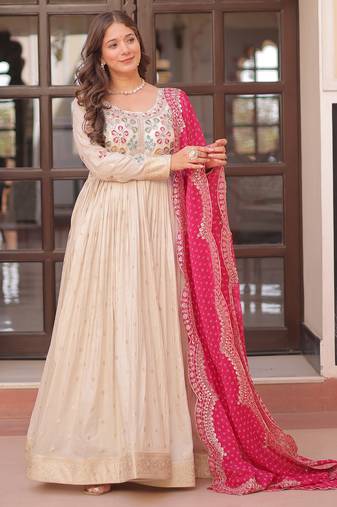 Cream festive wear designer cosmos weaving jequard pearl beads embroidered work readymade suit