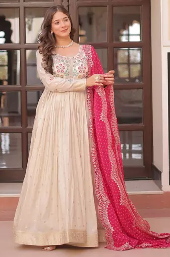 Cream festive wear designer cosmos weaving jequard pearl beads embroidered work readymade suit