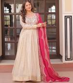 Cream festive wear designer cosmos weaving jequard pearl beads embroidered work readymade suit
