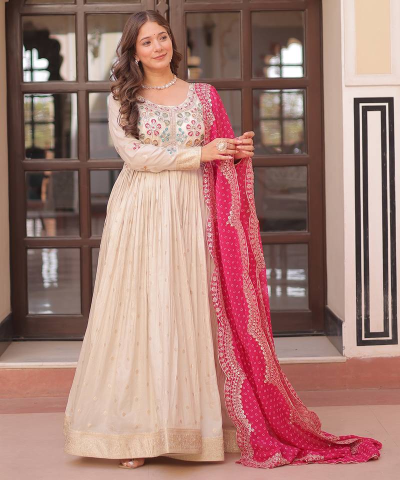 Cream festive wear designer cosmos weaving jequard pearl beads embroidered work readymade suit