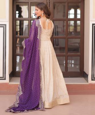Cream festive wear designer cosmos weaving jequard pearl beads embroidered work readymade suit 3