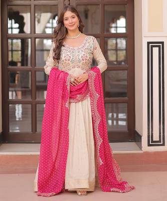 Cream festive wear designer cosmos weaving jequard pearl beads embroidered work readymade suit 2
