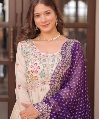 Cream festive wear designer cosmos weaving jequard pearl beads embroidered work readymade suit 4