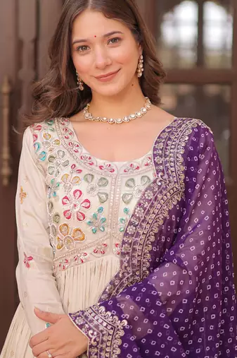 Cream festive wear designer cosmos weaving jequard pearl beads embroidered work readymade suit