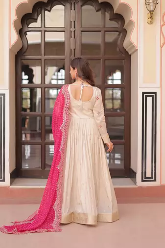 Cream festive wear designer cosmos weaving jequard pearl beads embroidered work readymade suit