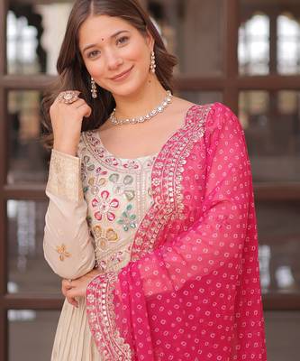 Cream festive wear designer cosmos weaving jequard pearl beads embroidered work readymade suit 4