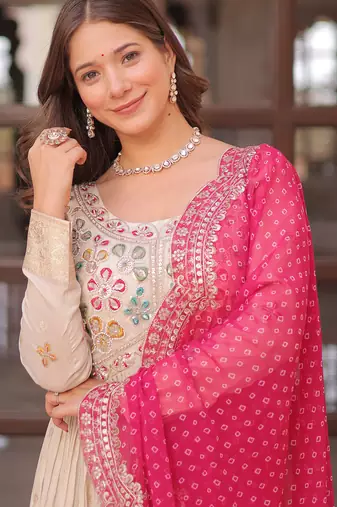 Cream festive wear designer cosmos weaving jequard pearl beads embroidered work readymade suit