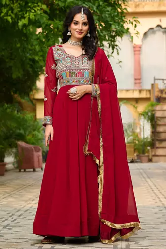 Maroon festive wear designer faux blooming georgette sequins & multi thread embroidered work readymade suit