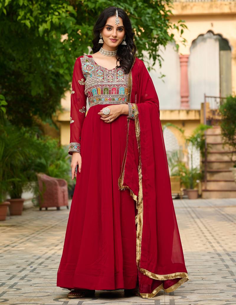 Maroon festive wear designer faux blooming georgette sequins & multi thread embroidered work readymade suit