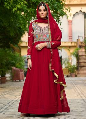 Maroon festive wear designer faux blooming georgette sequins & multi thread embroidered work readymade suit 2